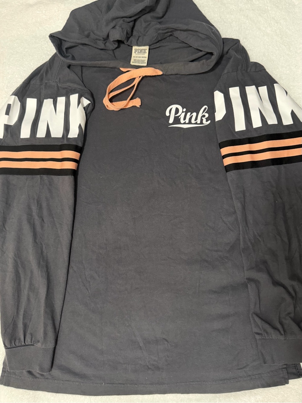 EUC Women PINK by Victoria's Secret Gray Long Sleeve Hooded Tee Size XSmall